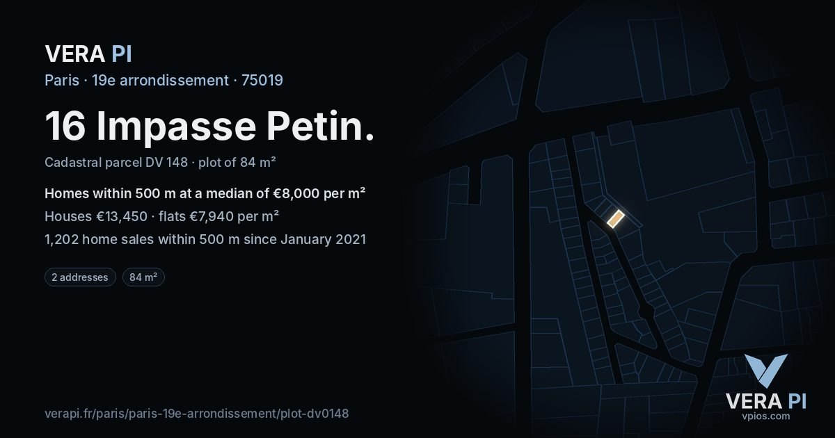 16 Impasse Petin, 19e arrondissement at night – the plot lit, the parcels around coloured by the prices near them