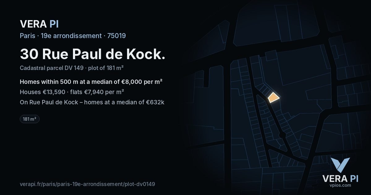 30 Rue Paul de Kock, 19e arrondissement at night – the plot lit, the parcels around coloured by the prices near them
