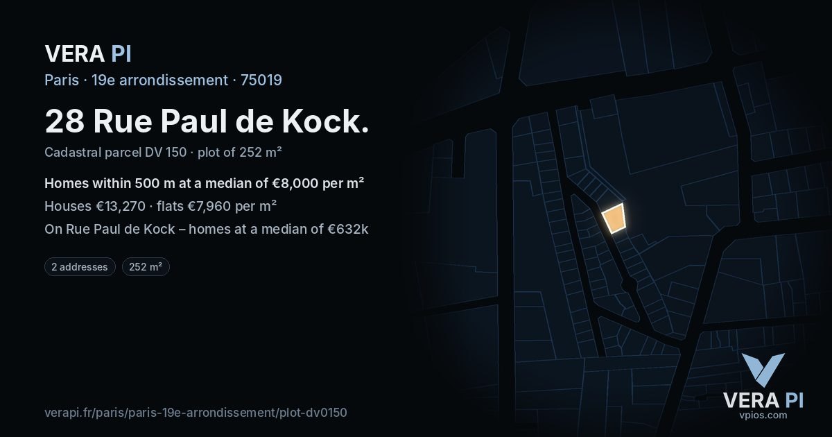 28 Rue Paul de Kock, 19e arrondissement at night – the plot lit, the parcels around coloured by the prices near them