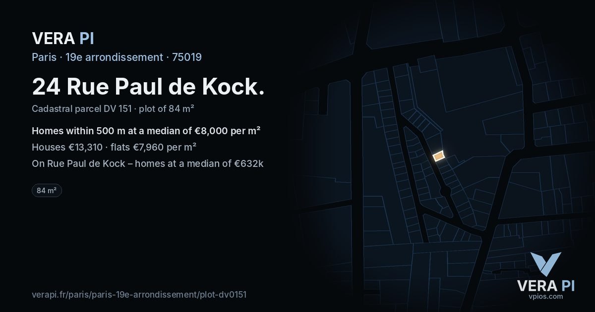 24 Rue Paul de Kock, 19e arrondissement at night – the plot lit, the parcels around coloured by the prices near them