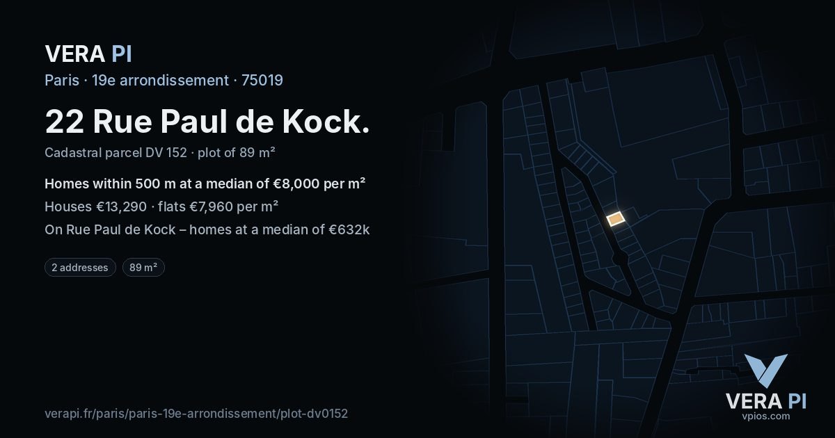 22 Rue Paul de Kock, 19e arrondissement at night – the plot lit, the parcels around coloured by the prices near them