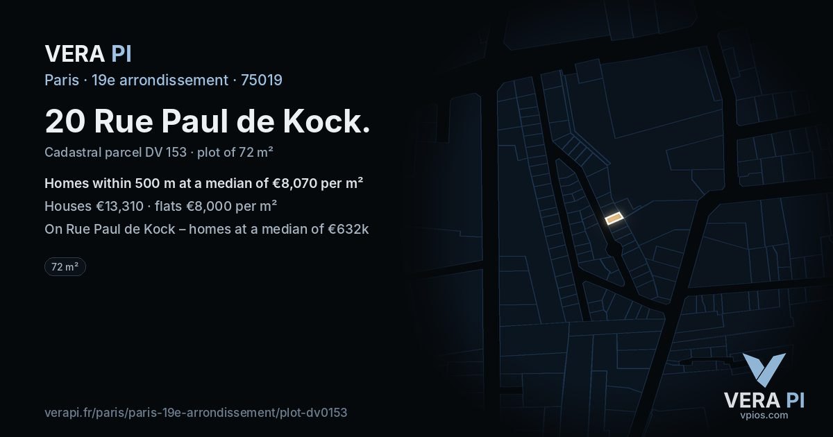 20 Rue Paul de Kock, 19e arrondissement at night – the plot lit, the parcels around coloured by the prices near them