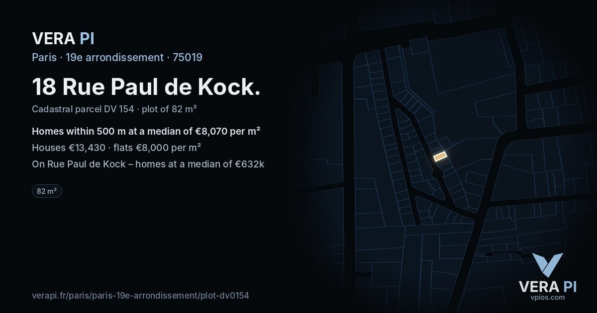 18 Rue Paul de Kock, 19e arrondissement at night – the plot lit, the parcels around coloured by the prices near them