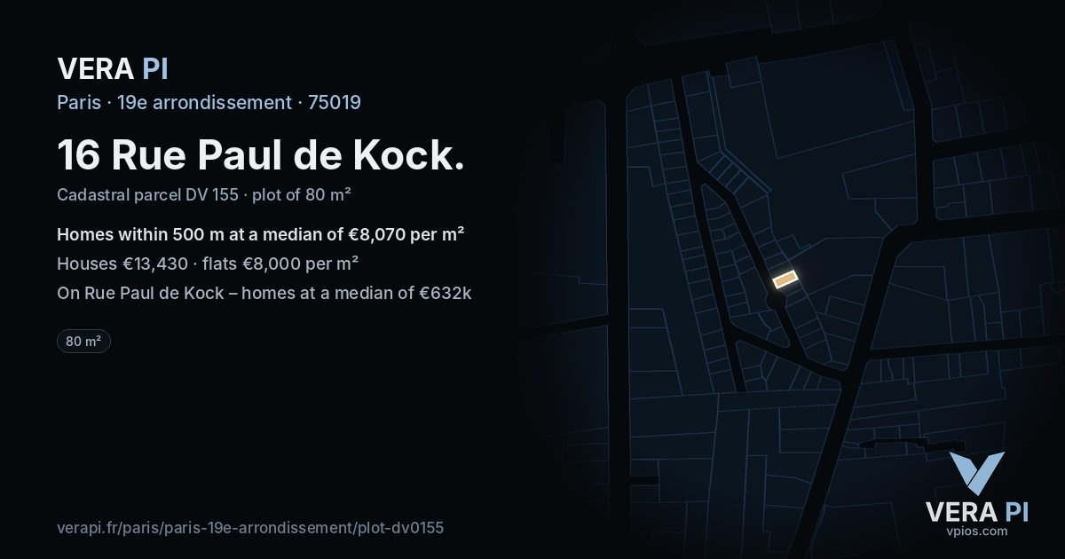 16 Rue Paul de Kock, 19e arrondissement at night – the plot lit, the parcels around coloured by the prices near them