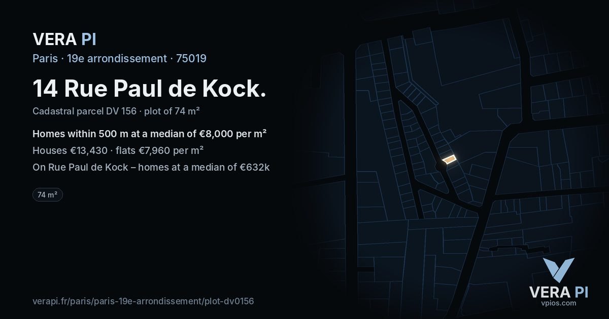 14 Rue Paul de Kock, 19e arrondissement at night – the plot lit, the parcels around coloured by the prices near them