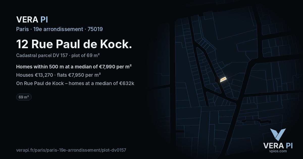 12 Rue Paul de Kock, 19e arrondissement at night – the plot lit, the parcels around coloured by the prices near them