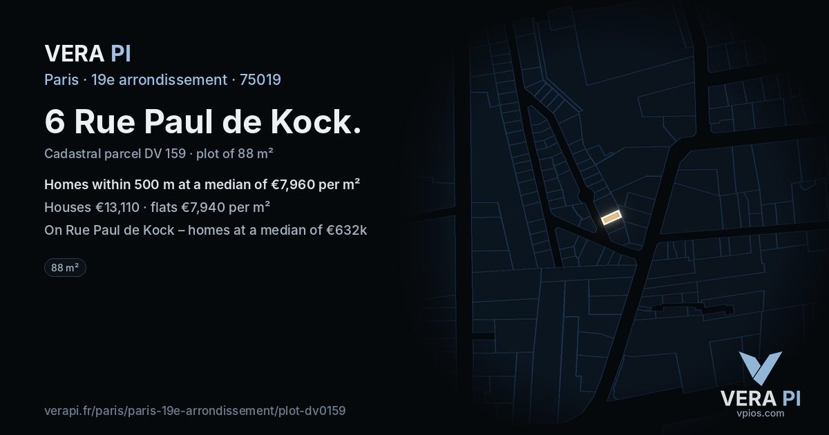 6 Rue Paul de Kock, 19e arrondissement at night – the plot lit, the parcels around coloured by the prices near them
