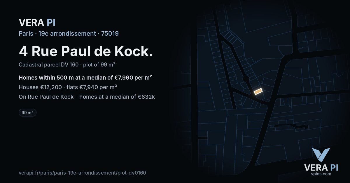4 Rue Paul de Kock, 19e arrondissement at night – the plot lit, the parcels around coloured by the prices near them