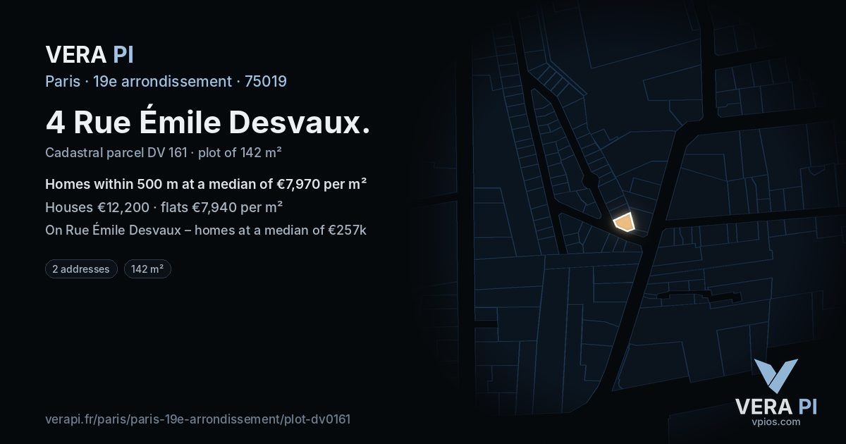 4 Rue Émile Desvaux, 19e arrondissement at night – the plot lit, the parcels around coloured by the prices near them
