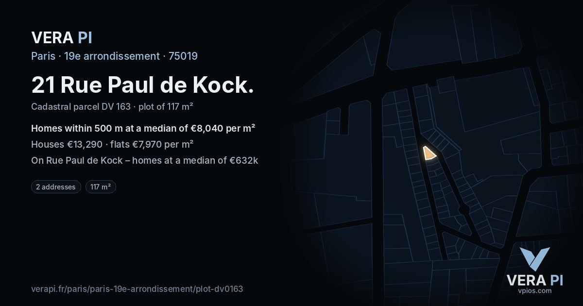 21 Rue Paul de Kock, 19e arrondissement at night – the plot lit, the parcels around coloured by the prices near them