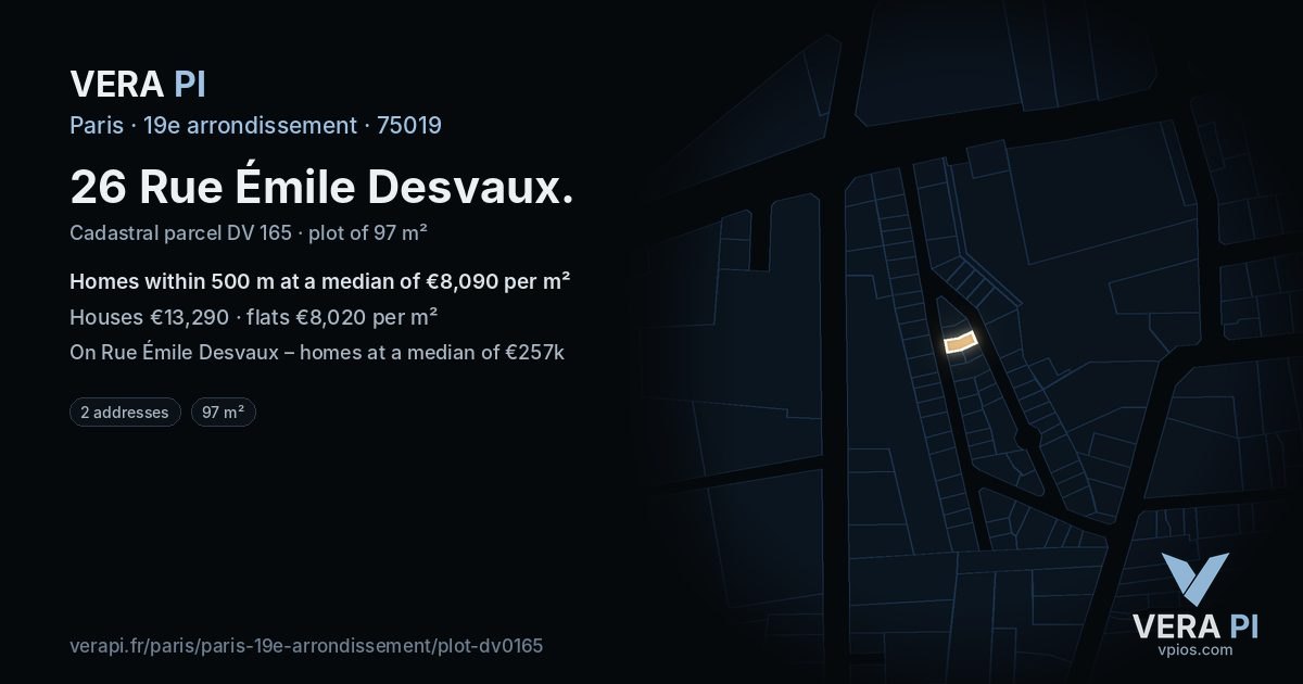26 Rue Émile Desvaux, 19e arrondissement at night – the plot lit, the parcels around coloured by the prices near them