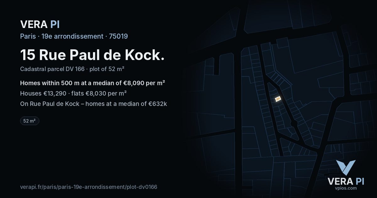 15 Rue Paul de Kock, 19e arrondissement at night – the plot lit, the parcels around coloured by the prices near them