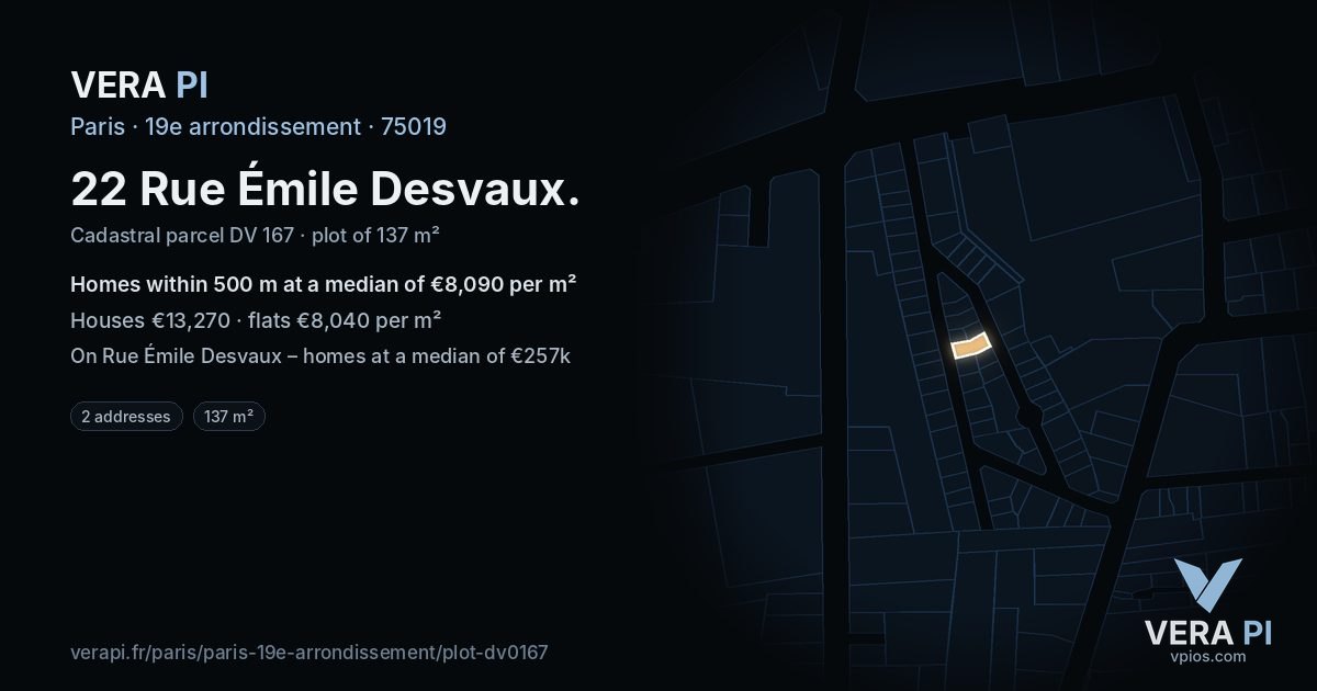 22 Rue Émile Desvaux, 19e arrondissement at night – the plot lit, the parcels around coloured by the prices near them