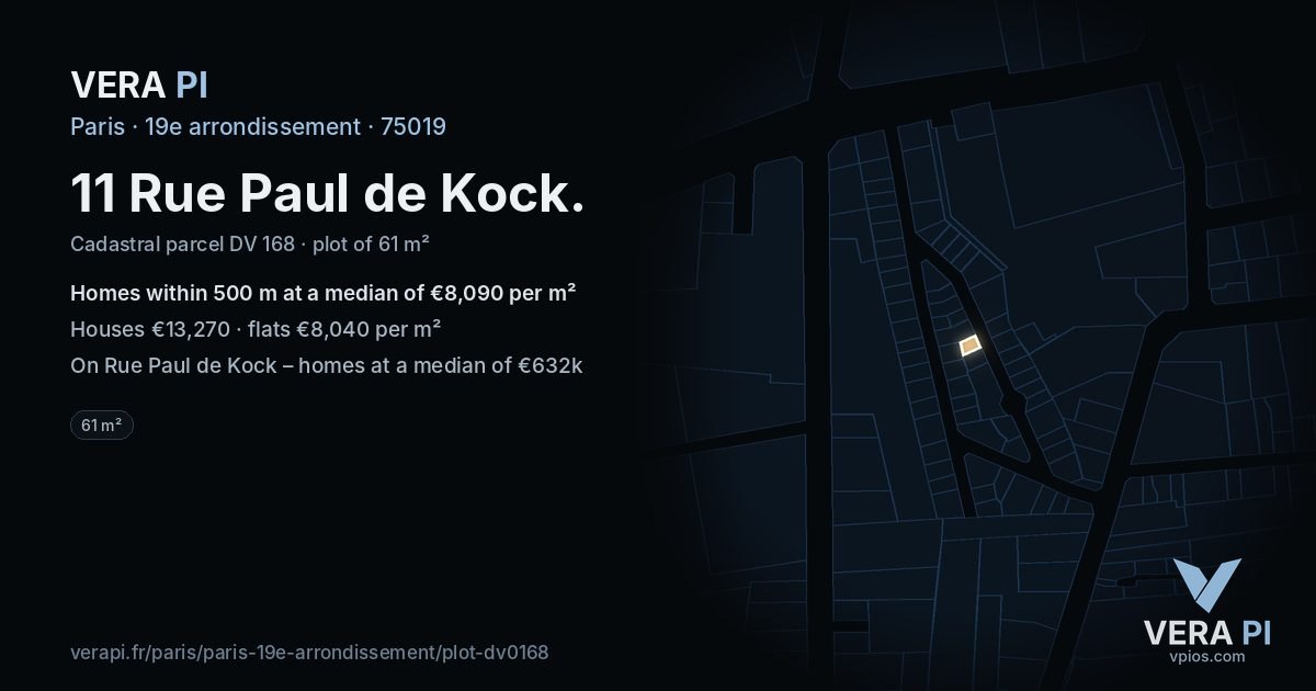 11 Rue Paul de Kock, 19e arrondissement at night – the plot lit, the parcels around coloured by the prices near them