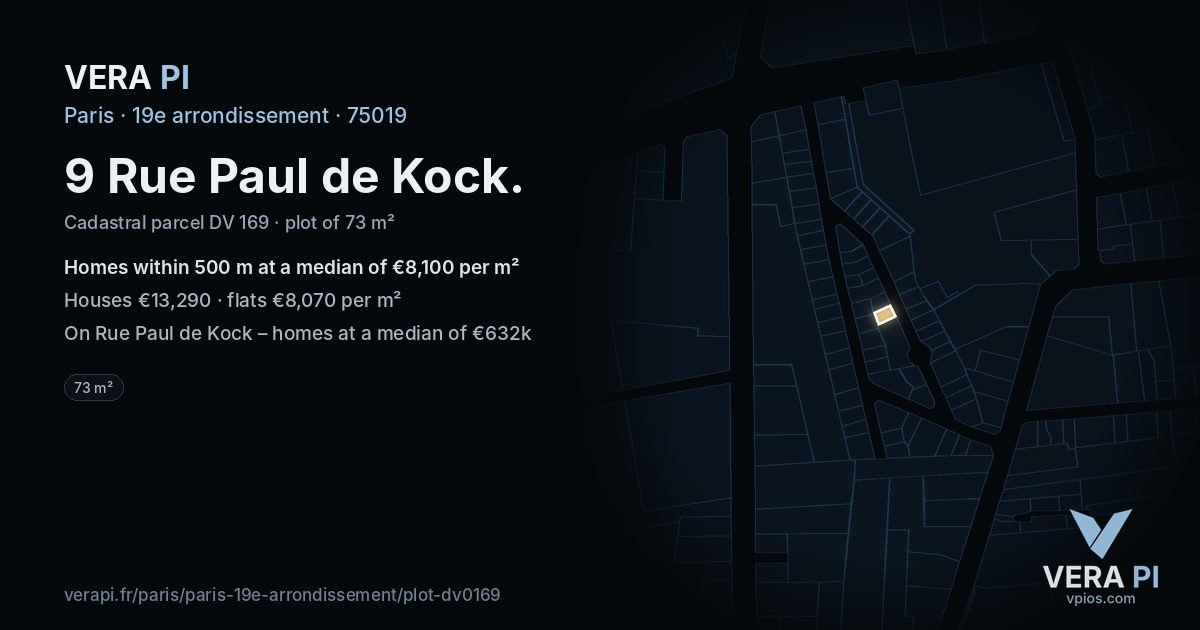 9 Rue Paul de Kock, 19e arrondissement at night – the plot lit, the parcels around coloured by the prices near them