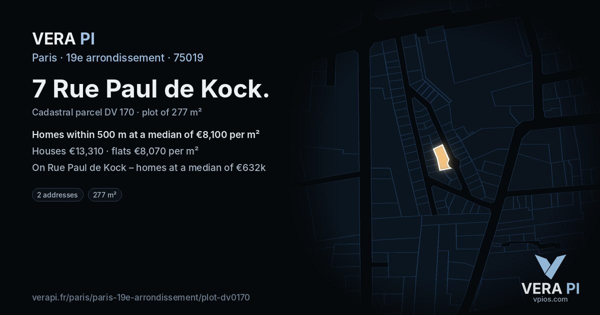 7 Rue Paul de Kock, 19e arrondissement at night – the plot lit, the parcels around coloured by the prices near them