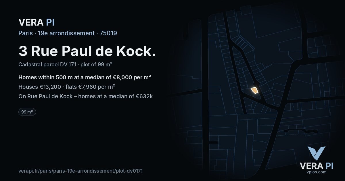 3 Rue Paul de Kock, 19e arrondissement at night – the plot lit, the parcels around coloured by the prices near them