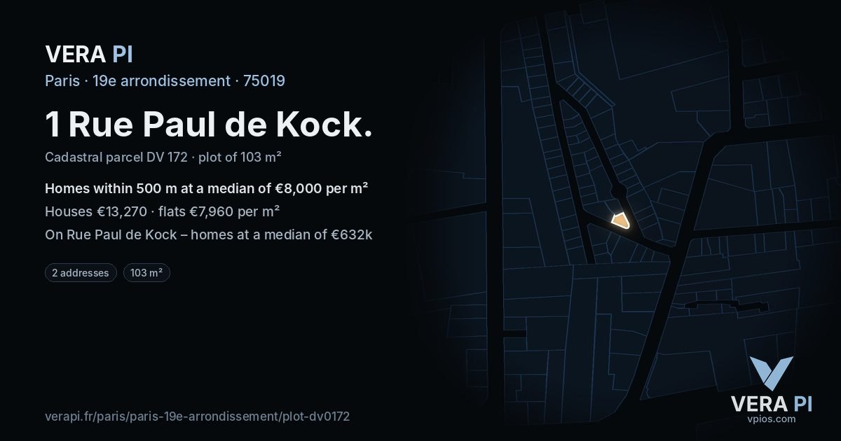 1 Rue Paul de Kock, 19e arrondissement at night – the plot lit, the parcels around coloured by the prices near them