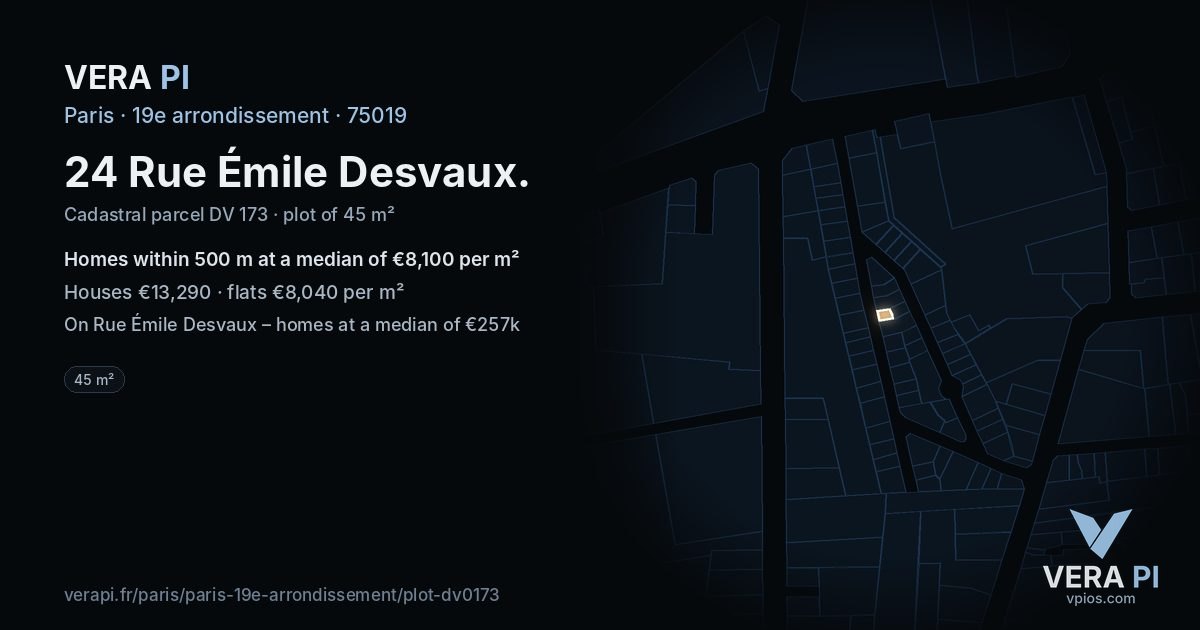 24 Rue Émile Desvaux, 19e arrondissement at night – the plot lit, the parcels around coloured by the prices near them
