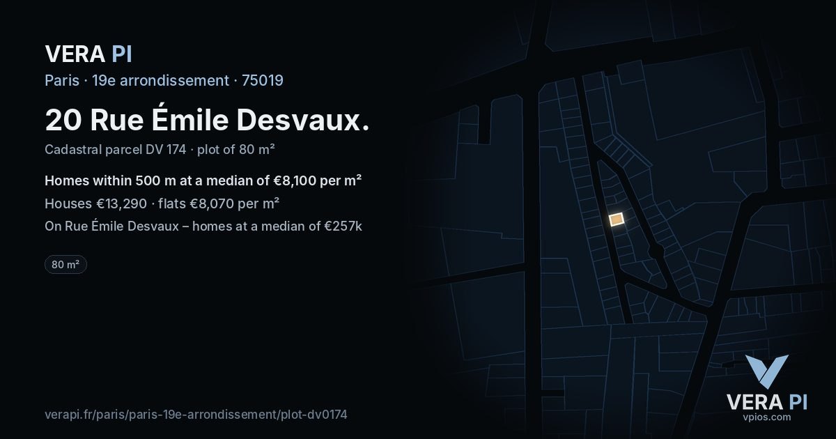 20 Rue Émile Desvaux, 19e arrondissement at night – the plot lit, the parcels around coloured by the prices near them