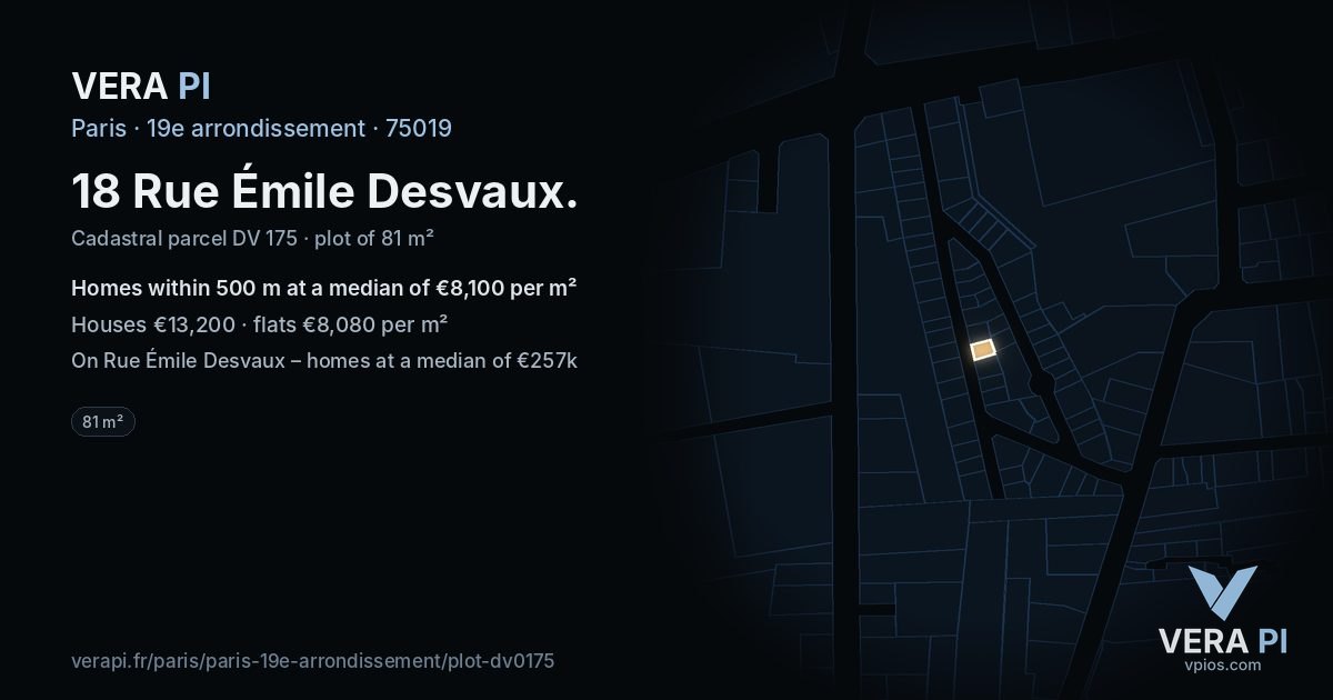 18 Rue Émile Desvaux, 19e arrondissement at night – the plot lit, the parcels around coloured by the prices near them