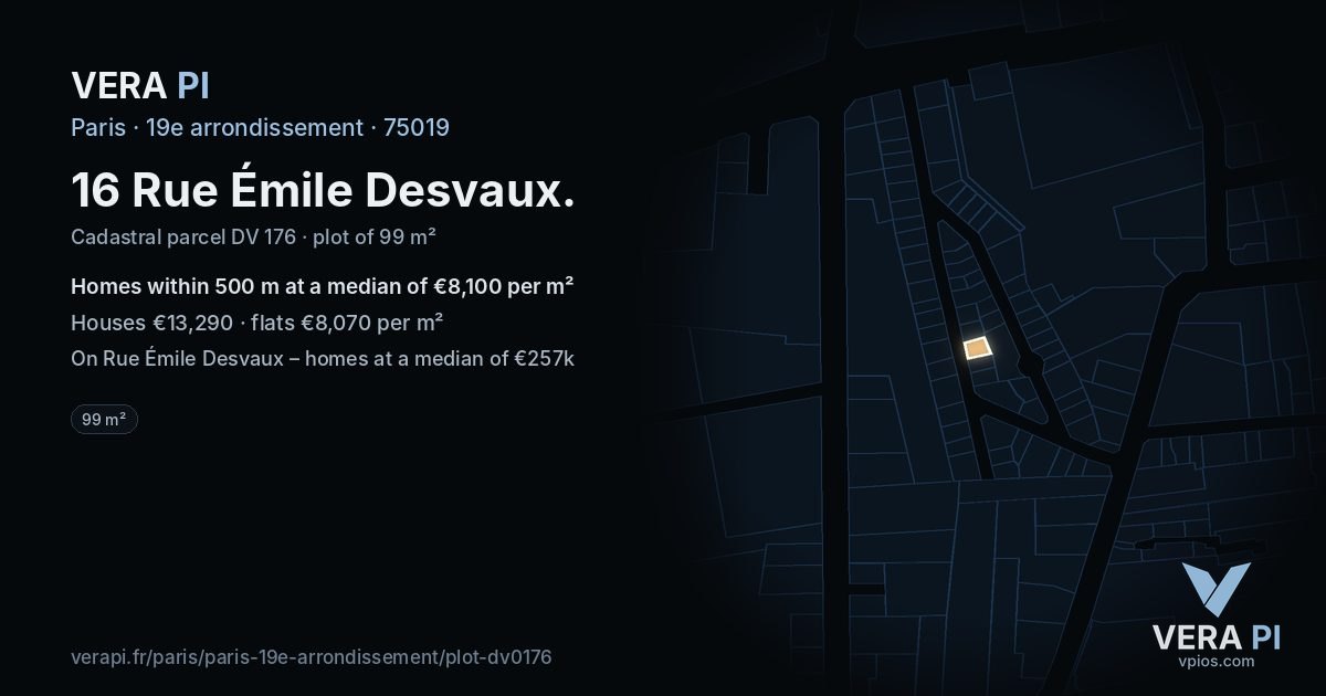 16 Rue Émile Desvaux, 19e arrondissement at night – the plot lit, the parcels around coloured by the prices near them