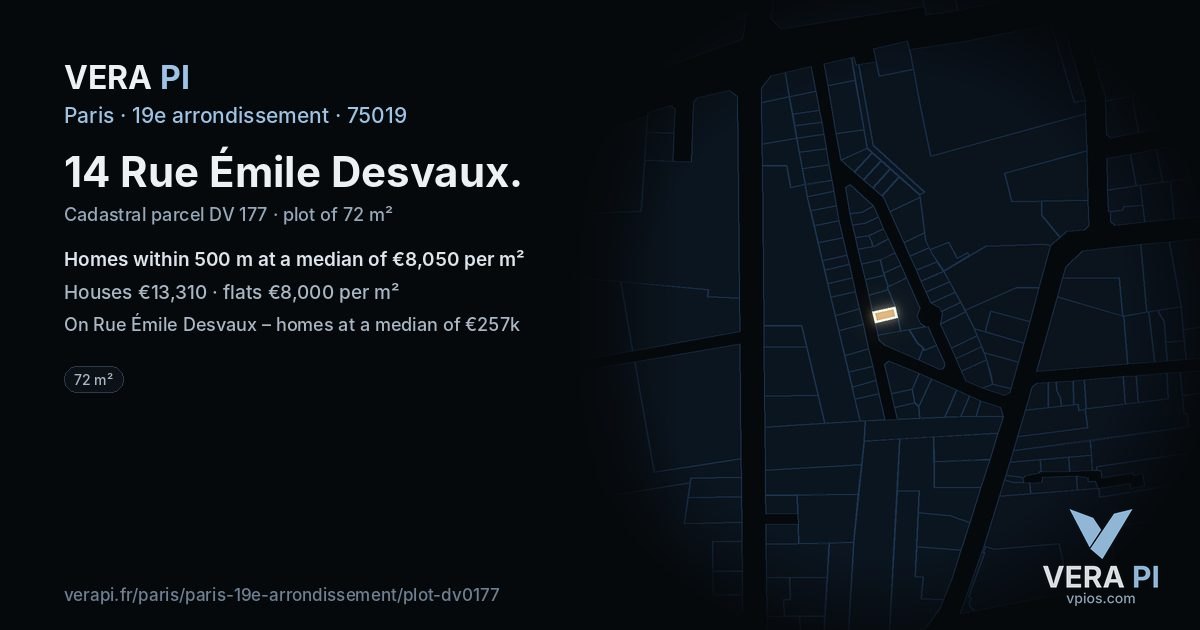 14 Rue Émile Desvaux, 19e arrondissement at night – the plot lit, the parcels around coloured by the prices near them