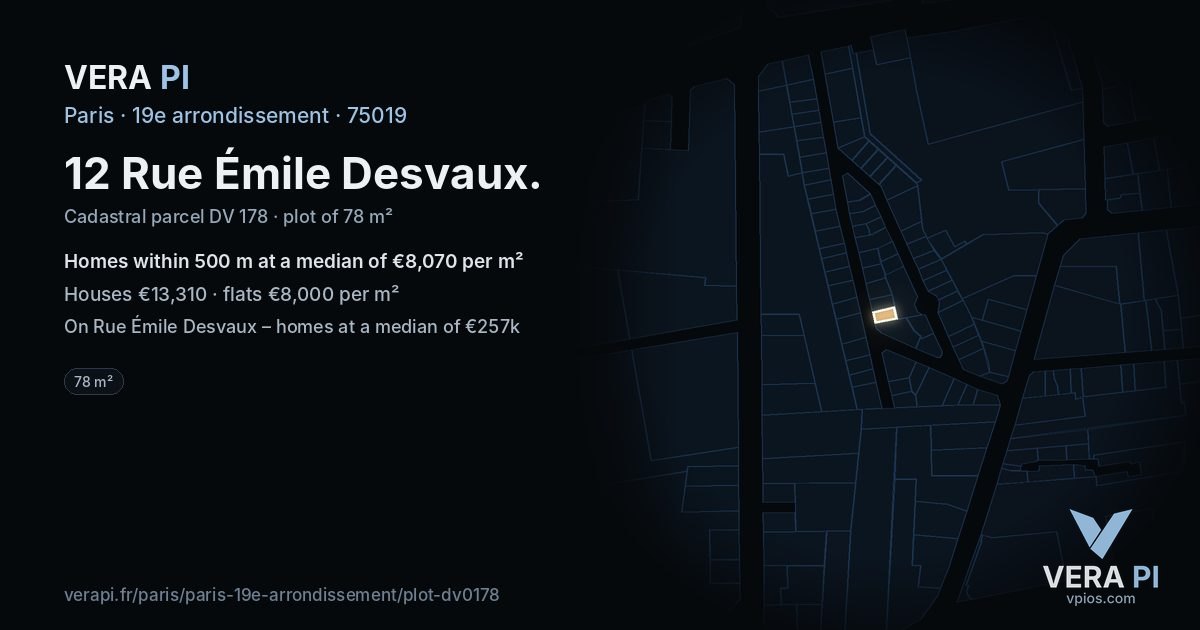 12 Rue Émile Desvaux, 19e arrondissement at night – the plot lit, the parcels around coloured by the prices near them