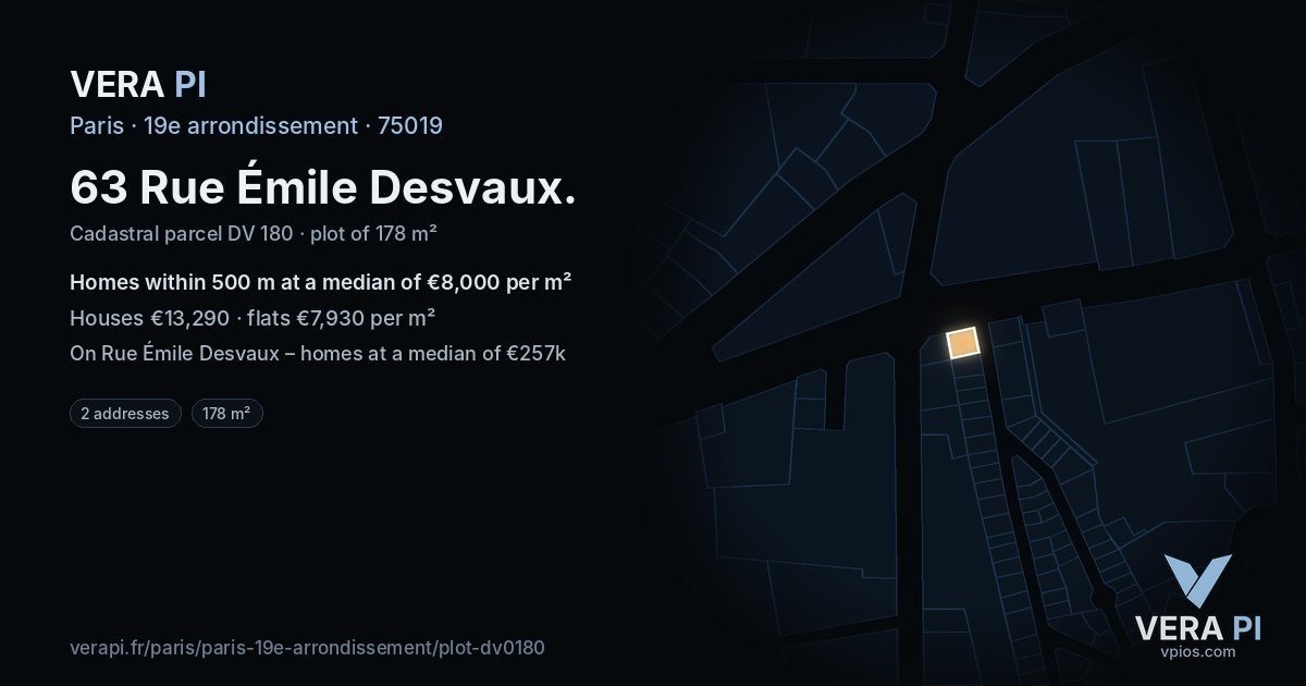 63 Rue Émile Desvaux, 19e arrondissement at night – the plot lit, the parcels around coloured by the prices near them
