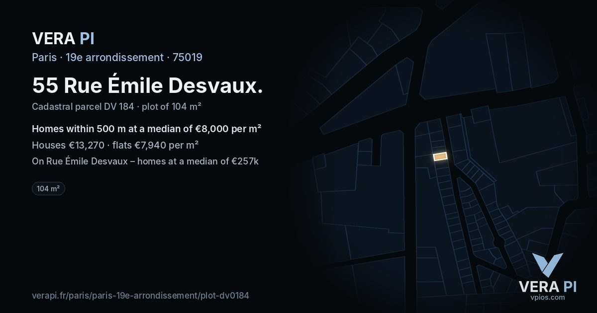 55 Rue Émile Desvaux, 19e arrondissement at night – the plot lit, the parcels around coloured by the prices near them
