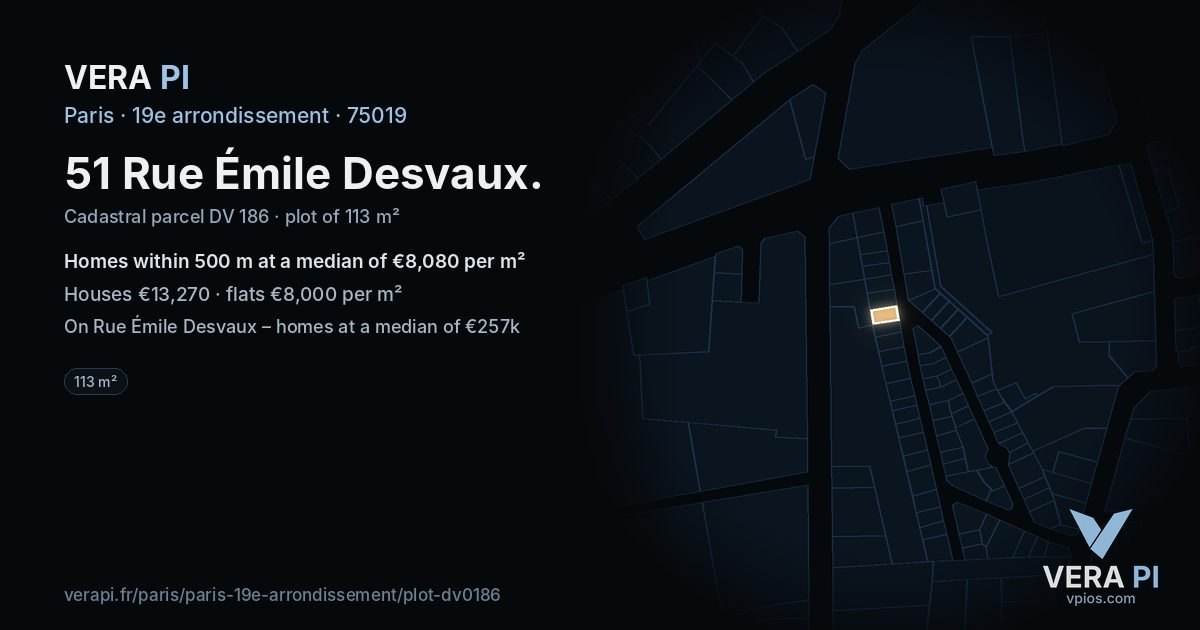 51 Rue Émile Desvaux, 19e arrondissement at night – the plot lit, the parcels around coloured by the prices near them