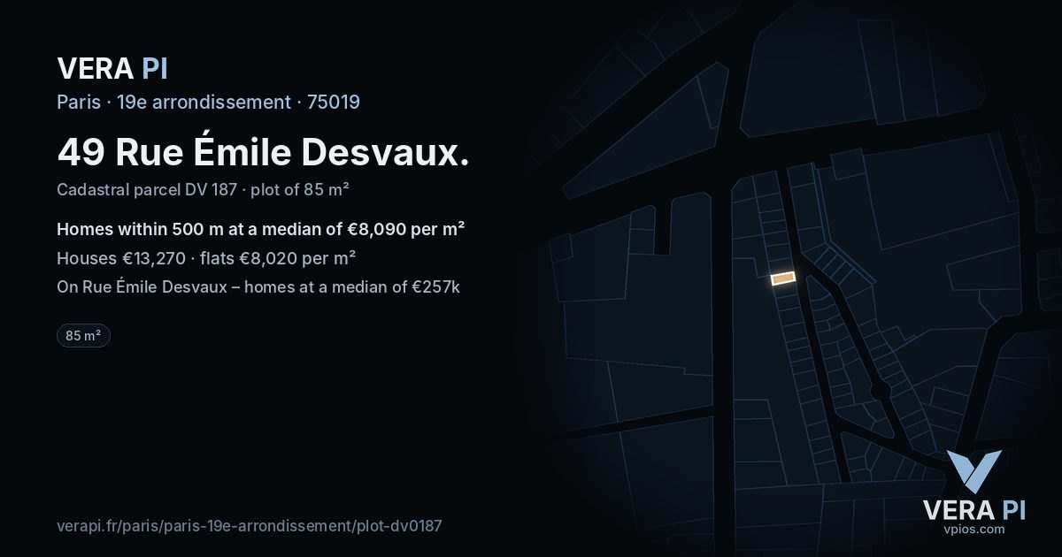 49 Rue Émile Desvaux, 19e arrondissement at night – the plot lit, the parcels around coloured by the prices near them