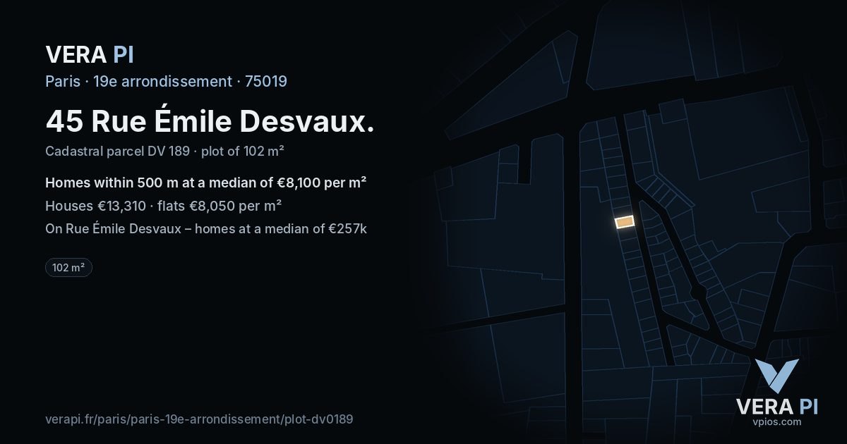 45 Rue Émile Desvaux, 19e arrondissement at night – the plot lit, the parcels around coloured by the prices near them