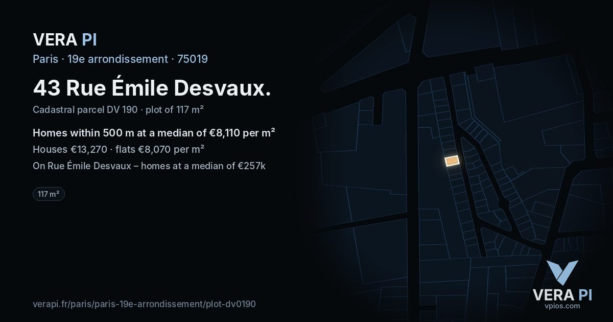 43 Rue Émile Desvaux, 19e arrondissement at night – the plot lit, the parcels around coloured by the prices near them