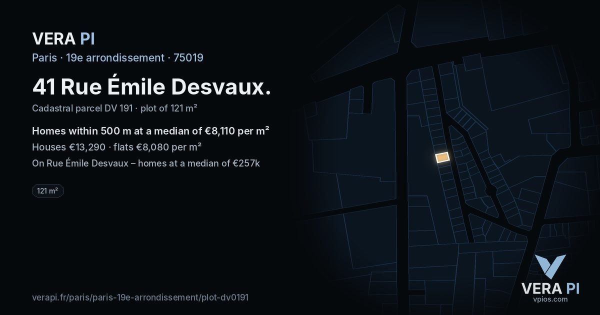 41 Rue Émile Desvaux, 19e arrondissement at night – the plot lit, the parcels around coloured by the prices near them