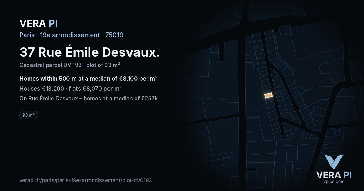 37 Rue Émile Desvaux, 19e arrondissement at night – the plot lit, the parcels around coloured by the prices near them