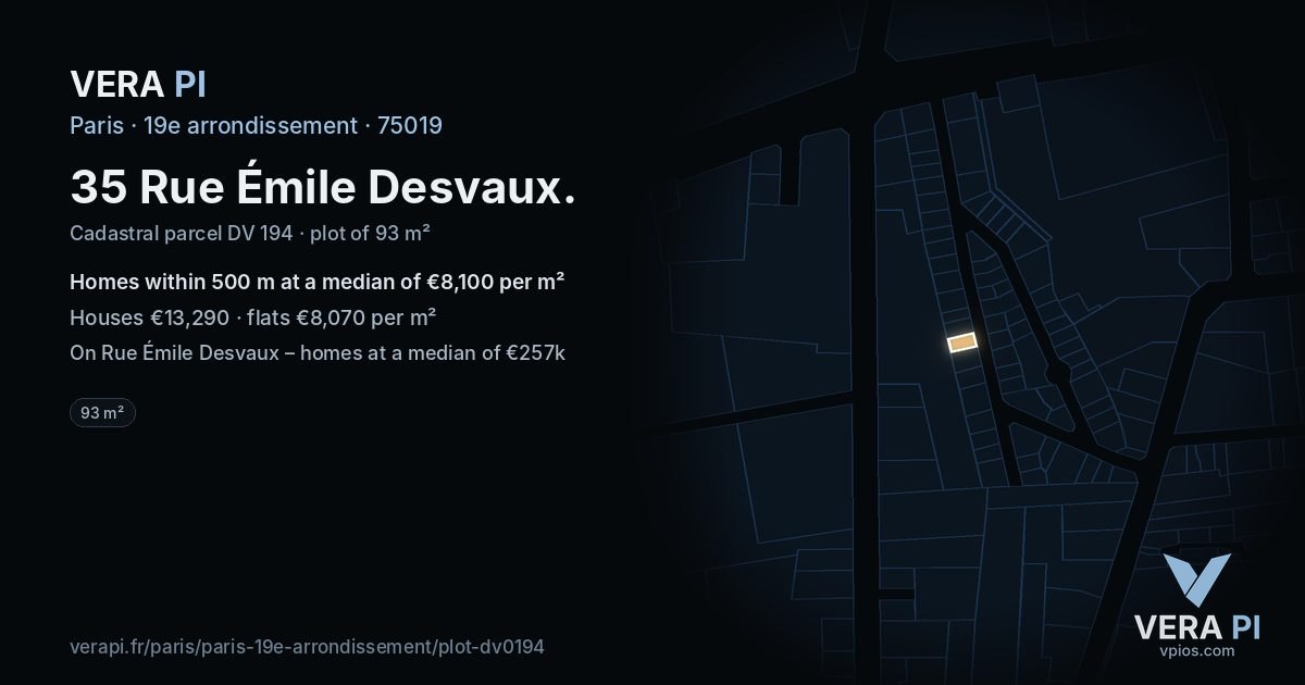 35 Rue Émile Desvaux, 19e arrondissement at night – the plot lit, the parcels around coloured by the prices near them