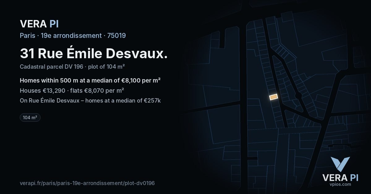 31 Rue Émile Desvaux, 19e arrondissement at night – the plot lit, the parcels around coloured by the prices near them