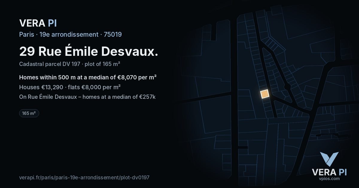 29 Rue Émile Desvaux, 19e arrondissement at night – the plot lit, the parcels around coloured by the prices near them