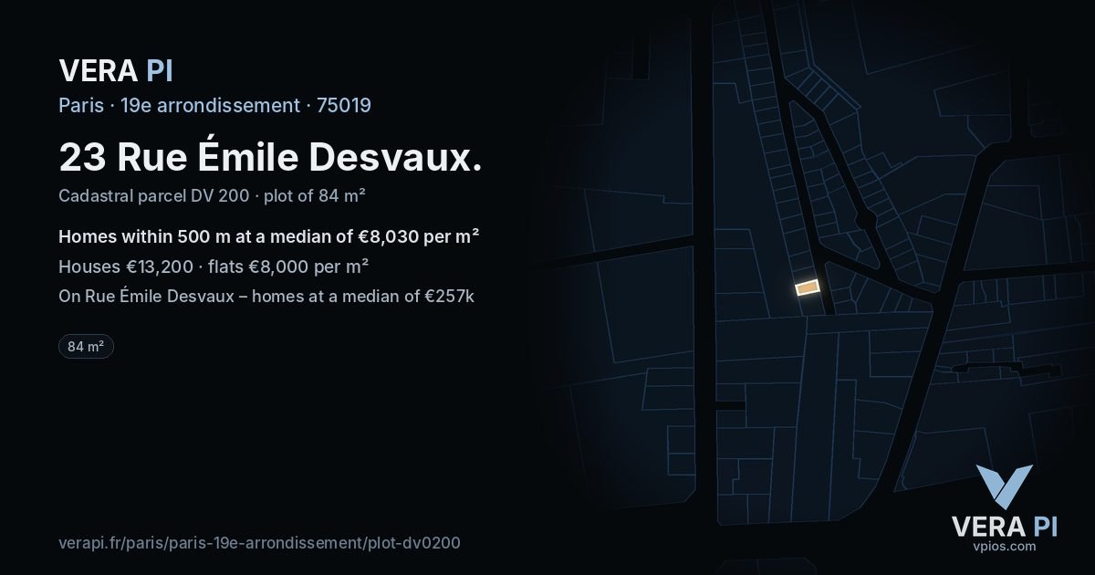 23 Rue Émile Desvaux, 19e arrondissement at night – the plot lit, the parcels around coloured by the prices near them