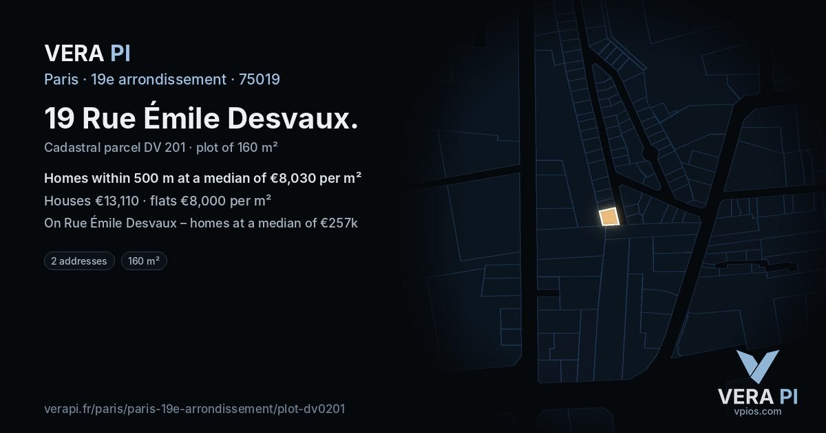 19 Rue Émile Desvaux, 19e arrondissement at night – the plot lit, the parcels around coloured by the prices near them