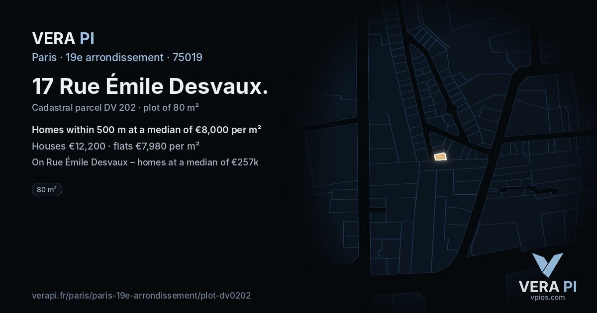 17 Rue Émile Desvaux, 19e arrondissement at night – the plot lit, the parcels around coloured by the prices near them
