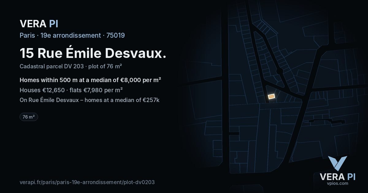 15 Rue Émile Desvaux, 19e arrondissement at night – the plot lit, the parcels around coloured by the prices near them