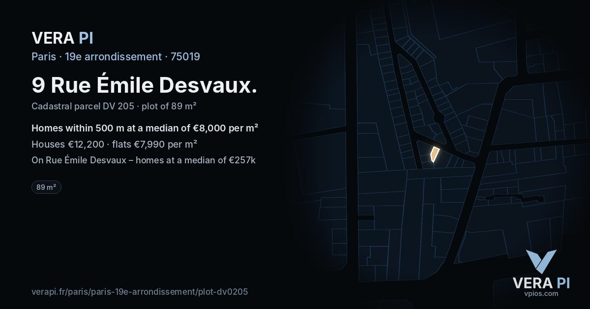 9 Rue Émile Desvaux, 19e arrondissement at night – the plot lit, the parcels around coloured by the prices near them