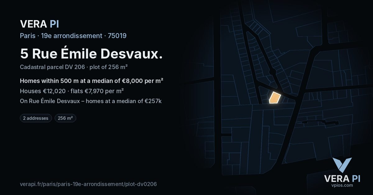 5 Rue Émile Desvaux, 19e arrondissement at night – the plot lit, the parcels around coloured by the prices near them