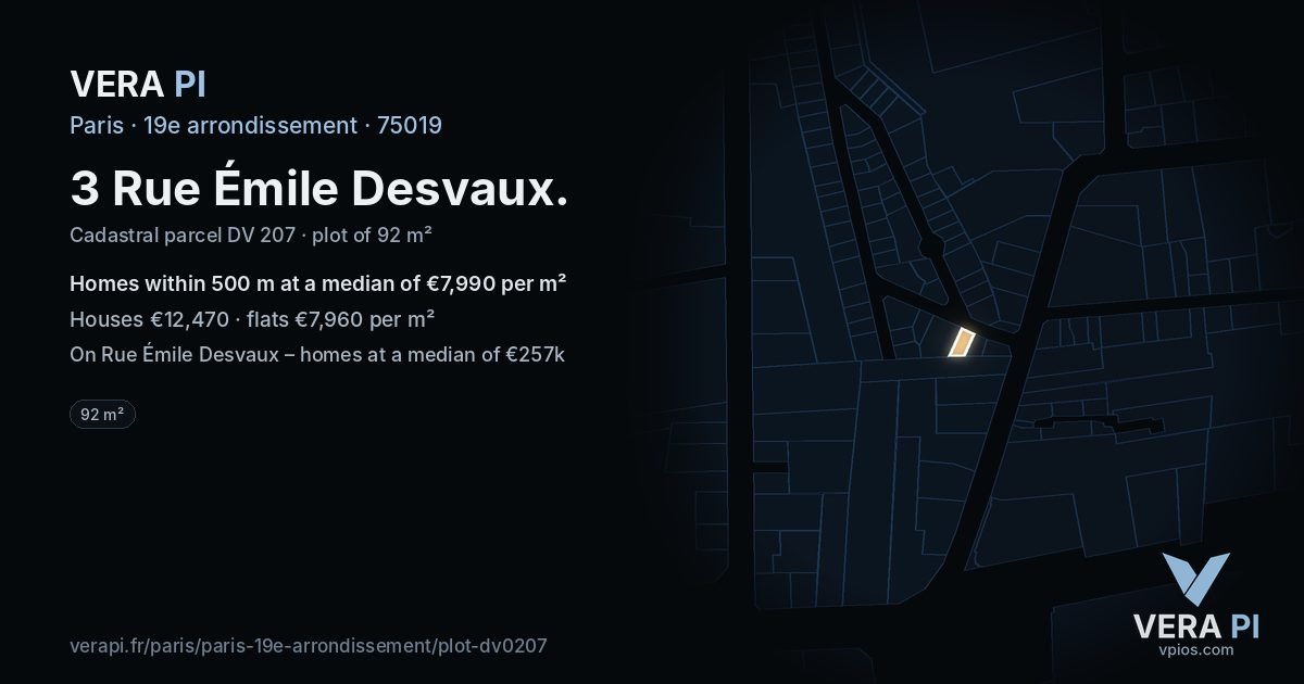 3 Rue Émile Desvaux, 19e arrondissement at night – the plot lit, the parcels around coloured by the prices near them