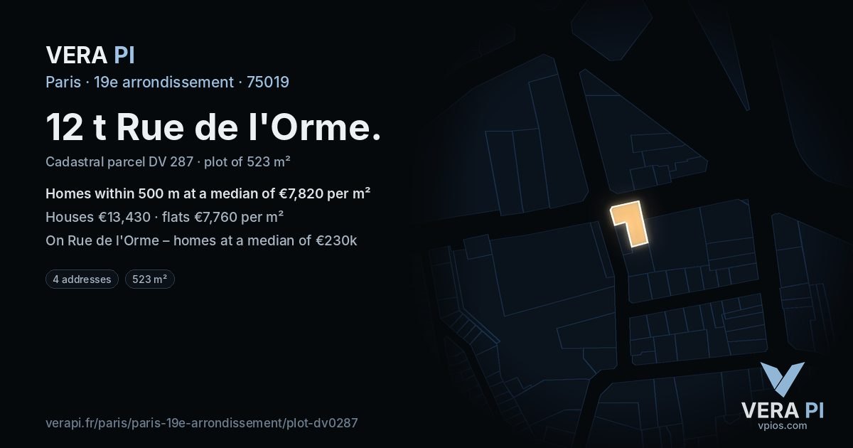12 t Rue de l'Orme, 19e arrondissement at night – the plot lit, the parcels around coloured by the prices near them