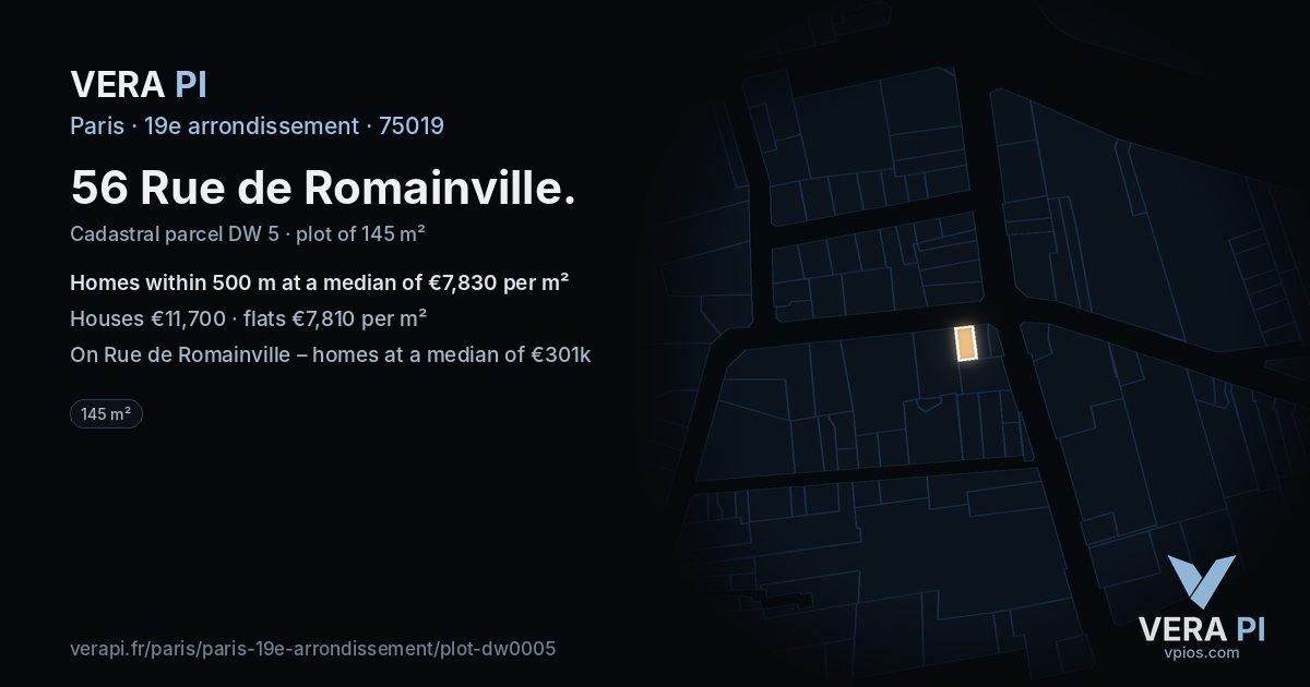56 Rue de Romainville, 19e arrondissement at night – the plot lit, the parcels around coloured by the prices near them