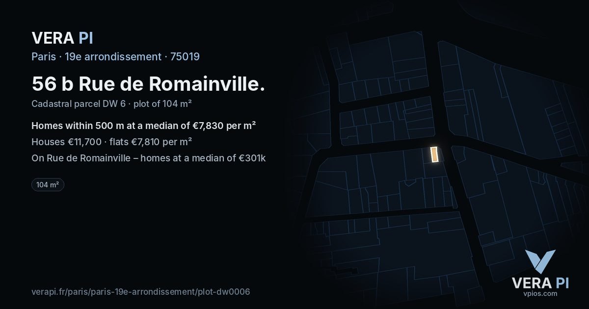 56 b Rue de Romainville, 19e arrondissement at night – the plot lit, the parcels around coloured by the prices near them