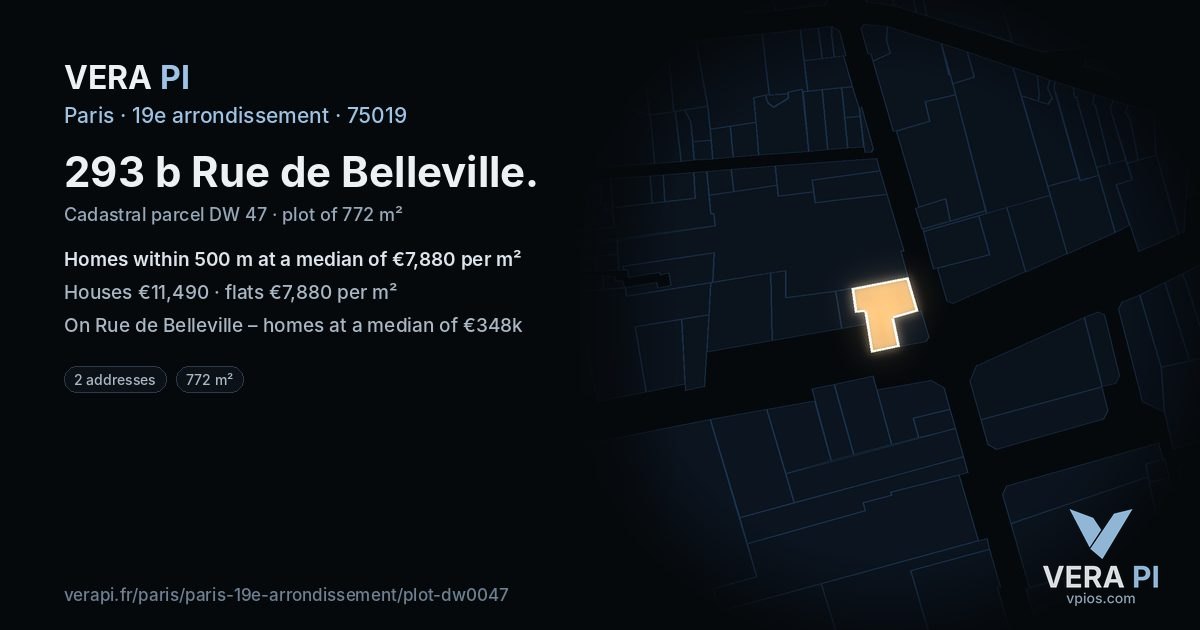 293 b Rue de Belleville, 19e arrondissement at night – the plot lit, the parcels around coloured by the prices near them